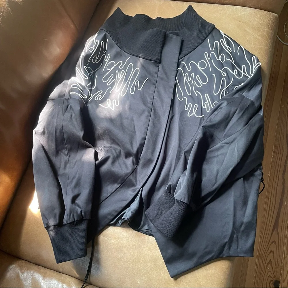Adeam luxe bomber style cinched ties jacket w embroidery stitching black white - Picture 1 of 13